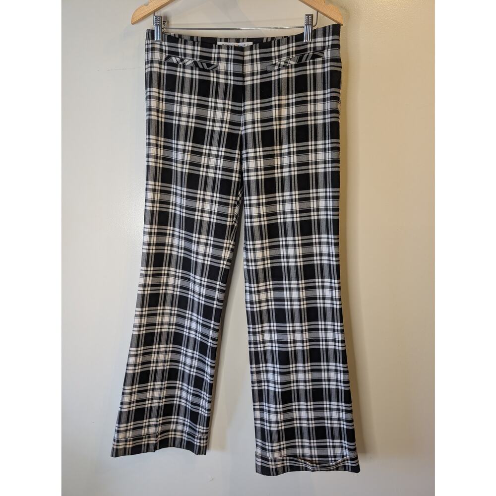 Trina Turk Black White Plaid Bootcut Trouser Size 6 Stretch Flare Career Pant